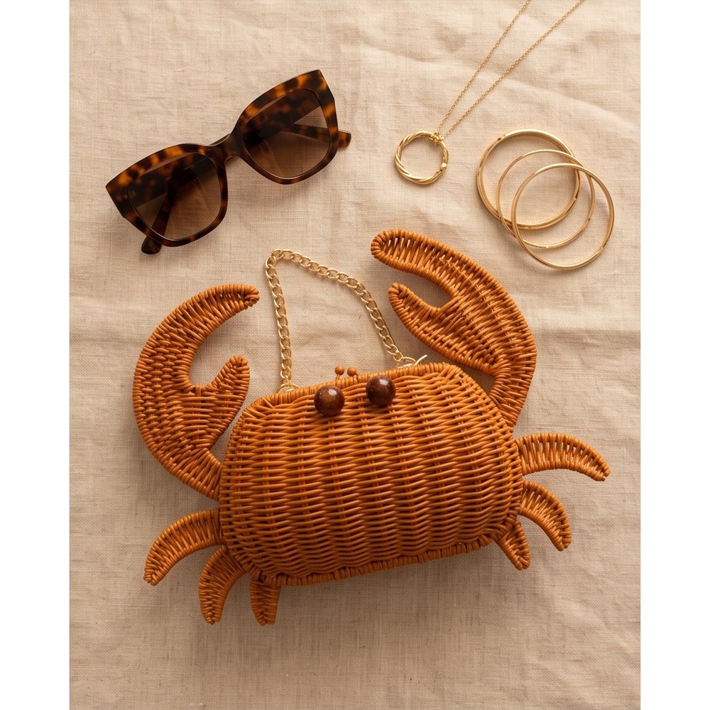 Novelty Crab Wicker Clutch Bag Gold Chain Strap Coastal Summer Beach Crossbody - Picture 2 of 9